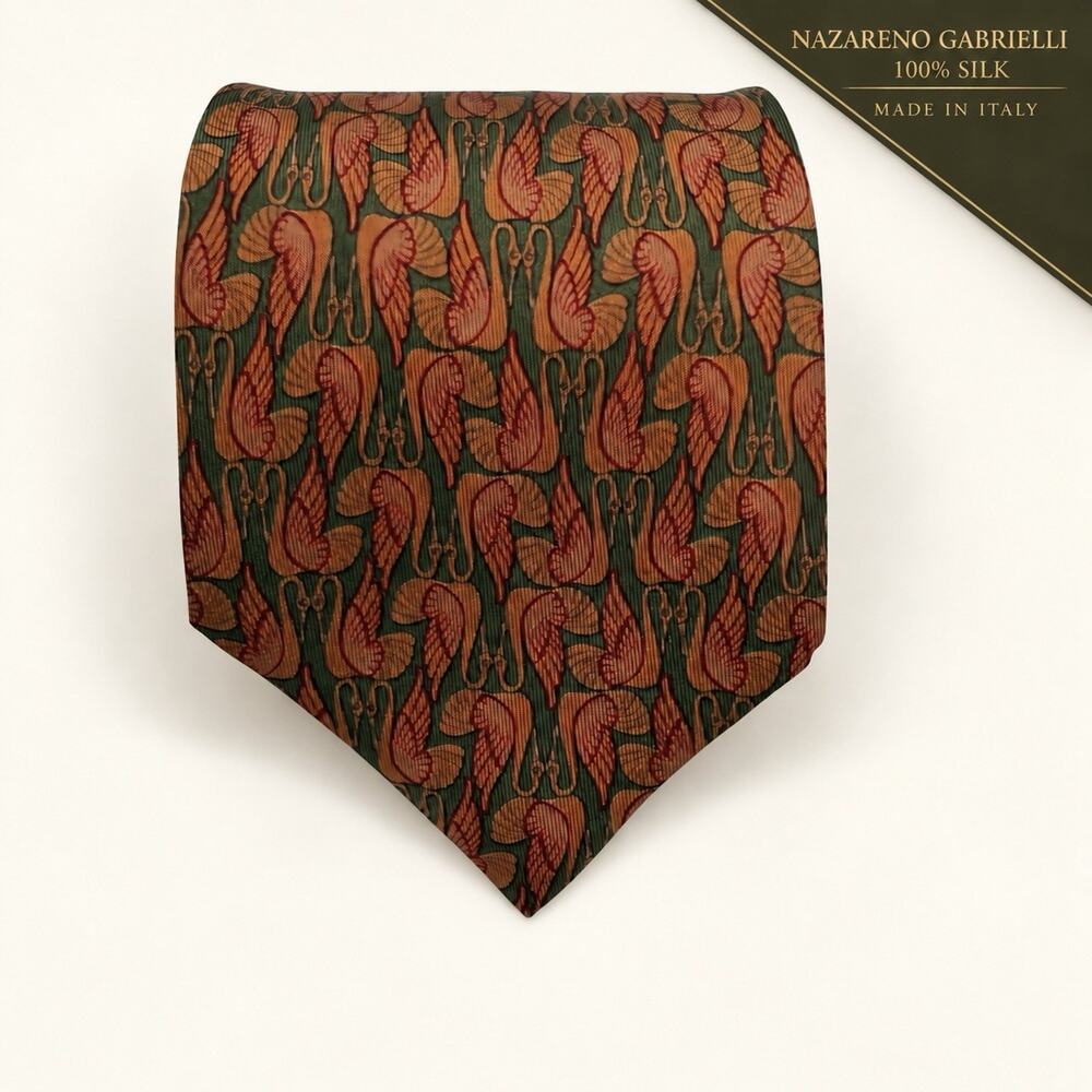 Vintage Nazareno Gabrielli 100% Silk Italy Men’s Wide Necktie Bird Print Olive